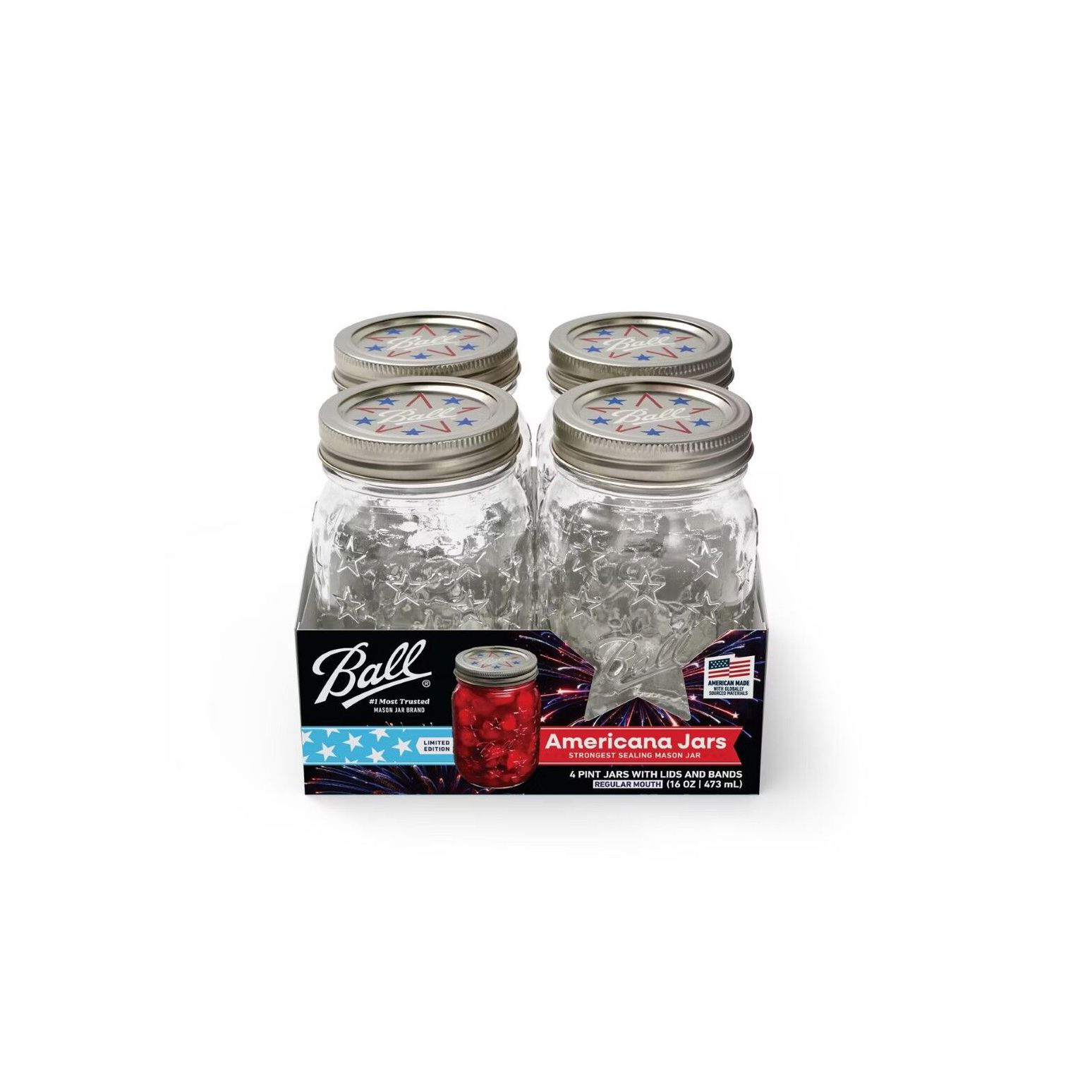 Ball Limited-Edition Americana Regular Mouth Pint Mason Jars, 16 oz., 4 Pack