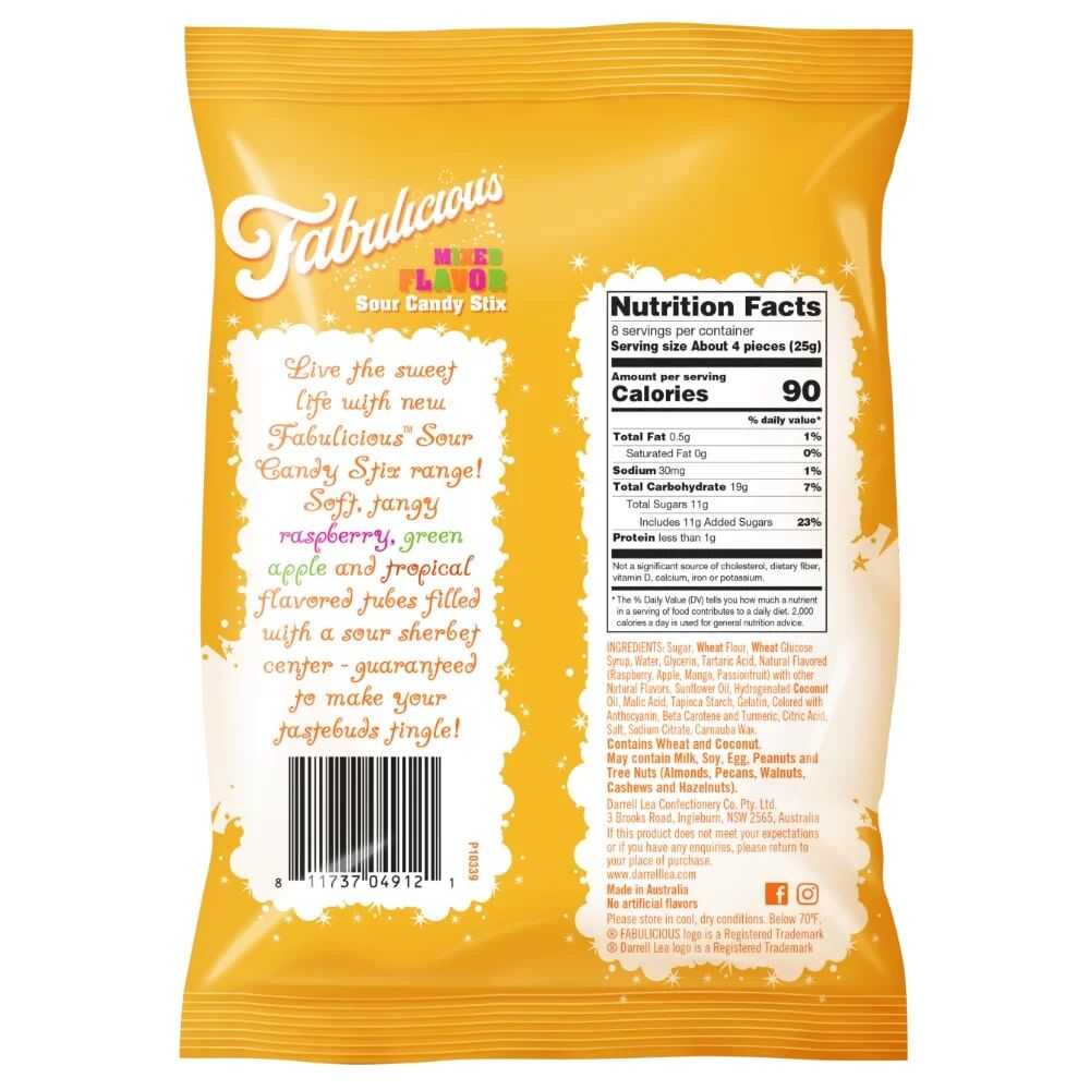Darrell Lea Fabulicious Mixed Flavor Sour Candy Stix, 7-Oz
