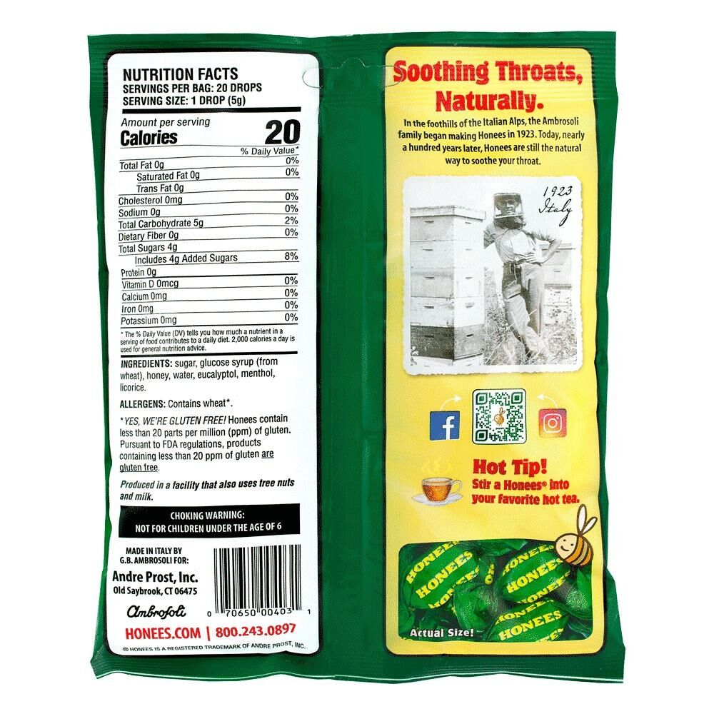 Honees Honey Menthol Eucalyptus Drops, 20-Pc