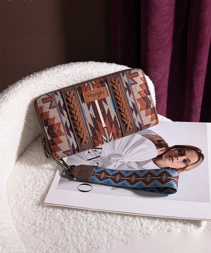 Montana West Wrangler Aztec Print Whipstitch Canvas Wallet