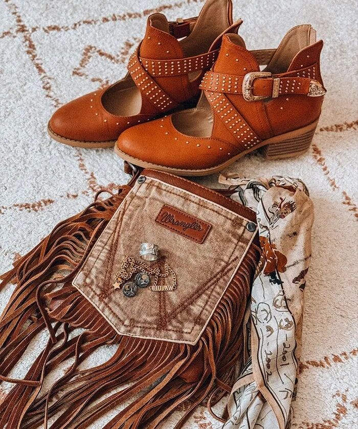 Wrangler Women's Fringe Jean Denim Pocket Crossbody Bag in Light Brown