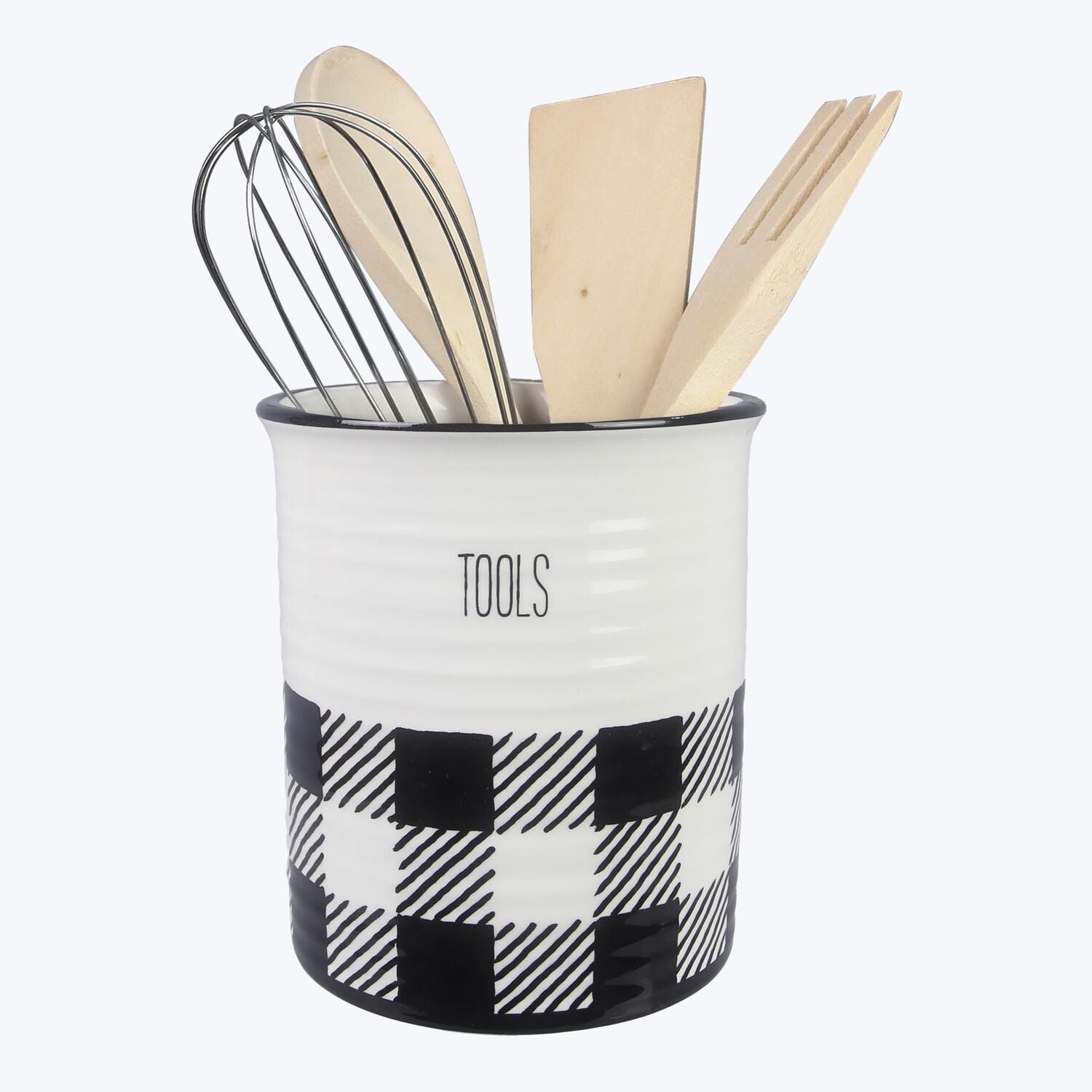 Young's Ceramic Black and White Buffalo Plaid Kitchen Tool Holder with Tools