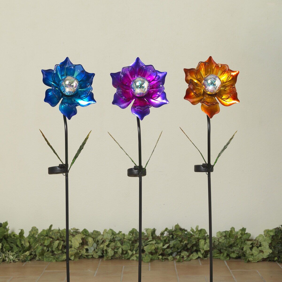 Gerson Solar Lighted Metal Flower Yard Stake With Glazing Glass Ball Assortment, 35-In