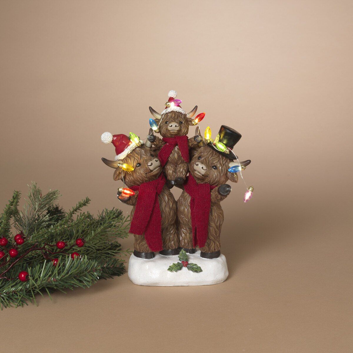 Gerson Lighted Resin Holiday Highland Cow Family Figurine with Timer, 9.8 in.