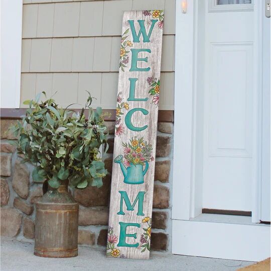 My Word! "Welcome" White Wash with Teal Letters and Watering Can Porch Board