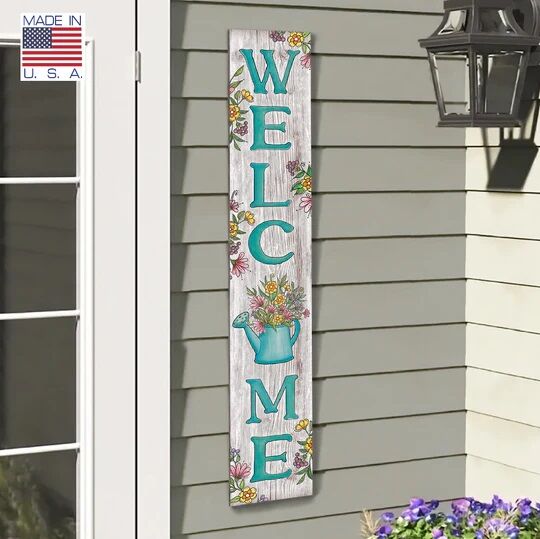 My Word! "Welcome" White Wash with Teal Letters and Watering Can Porch Board