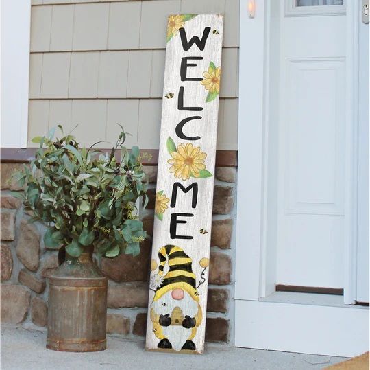 Porch Boards "Welcome" with Gnome Holding Beehive and Yellow Daisy Porch Board