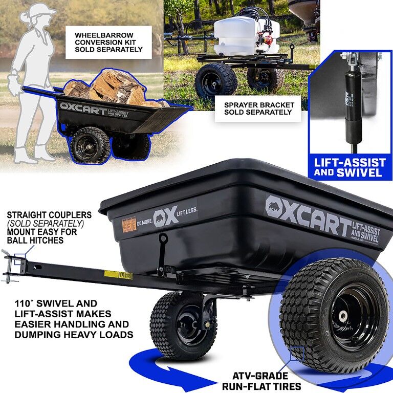 OxCart PRO-Grade Crewman Lift-Assist & Swivel Dump Cart W Run-Flat ATV-Grade MAG Tires, 15-17-Cu Ft