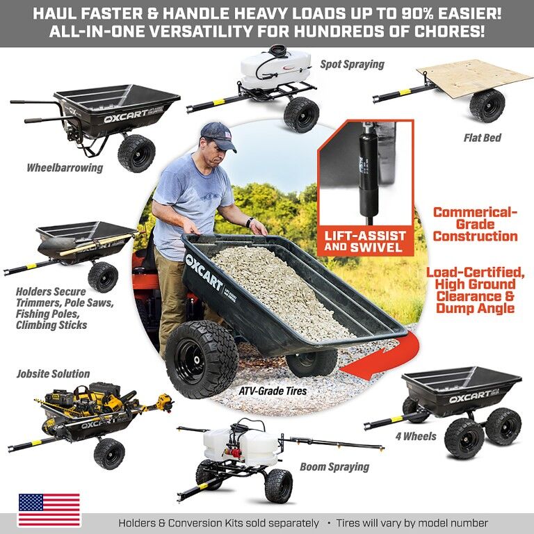 OxCart PRO-Grade Crewman Lift-Assist & Swivel Dump Cart W Run-Flat ATV-Grade MAG Tires, 15-17-Cu Ft