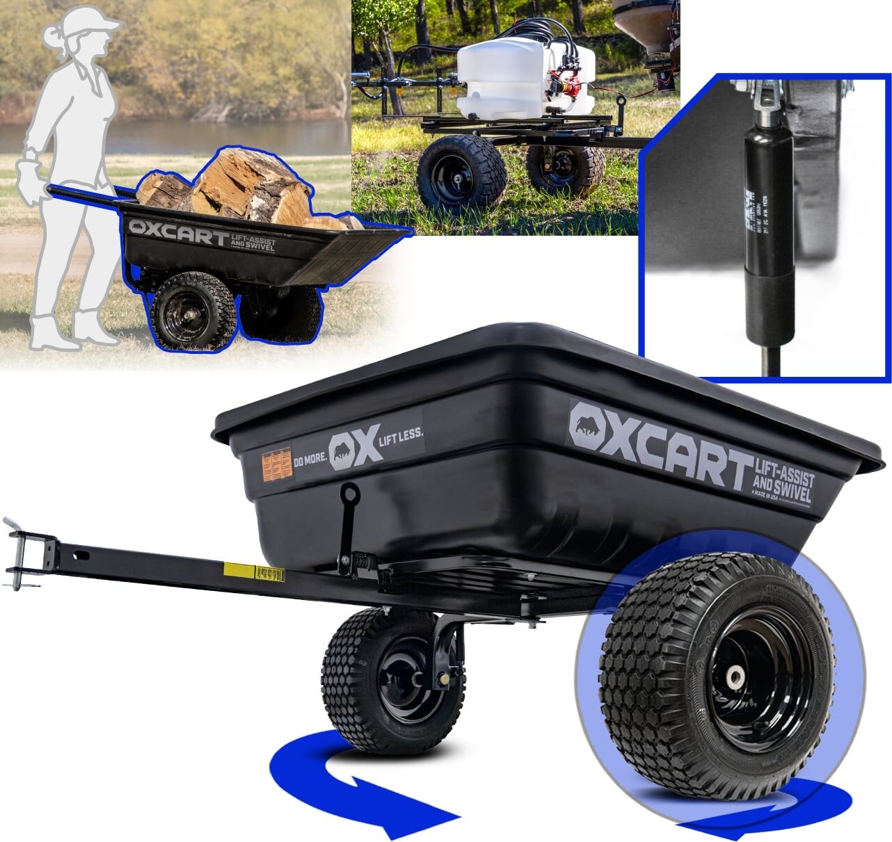 OxCart PRO-Grade Crewman Lift-Assist And Swivel Dump Cart With Run-Flat MAG Tires, 15-17-Cu Ft
