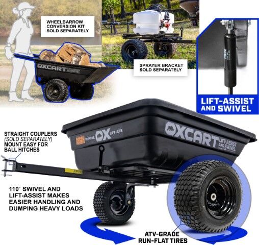 OxCart PRO-Grade Crewman Lift-Assist And Swivel Dump Cart With Run-Flat MAG Tires, 15-17-Cu Ft
