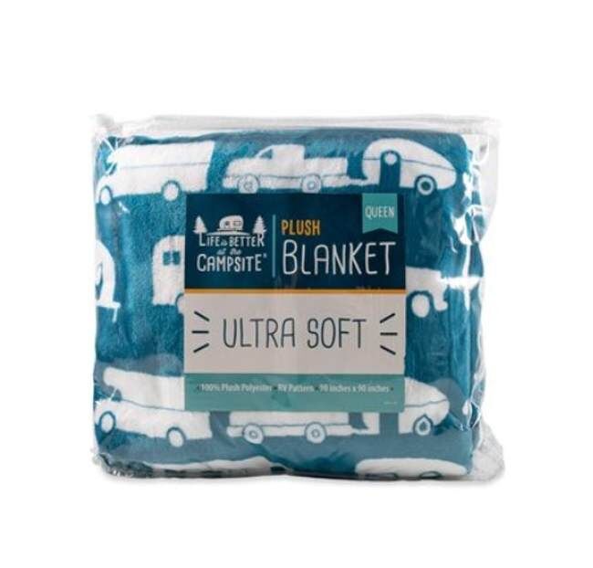 Camco Life is Better at the Campsite Queen Sized Blue Fleece Blanket, 90 X 90-In