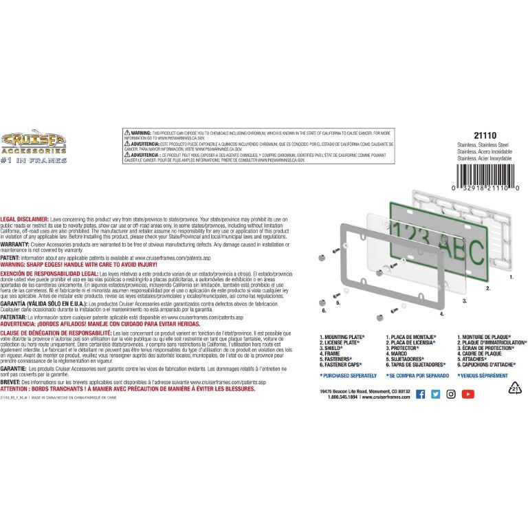 Cruiser Accessories Stainless License Plate Frame, 6-In x 12-In