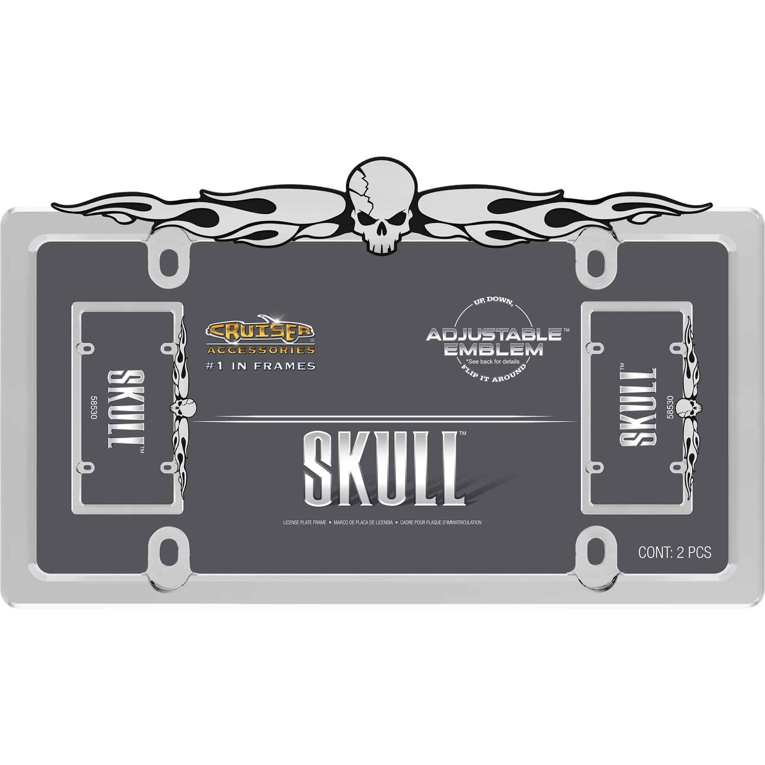Cruiser Accessories Skull License Plate Frame, Chrome/Chrome/Black