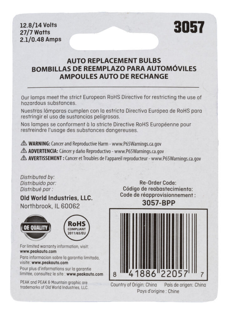 Peak Lighting 3057 Automotive Miniature Bulbs, 2-Pk