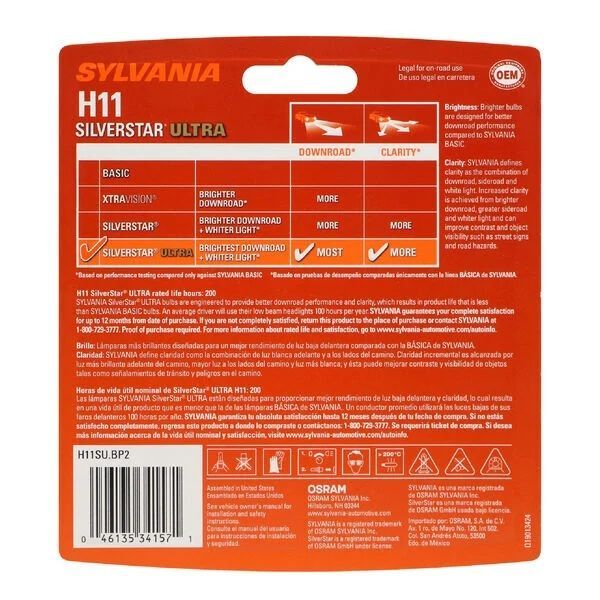 Sylvania H11 SilverStar ULTRA Halogen Headlight Bulb, 2-Pk