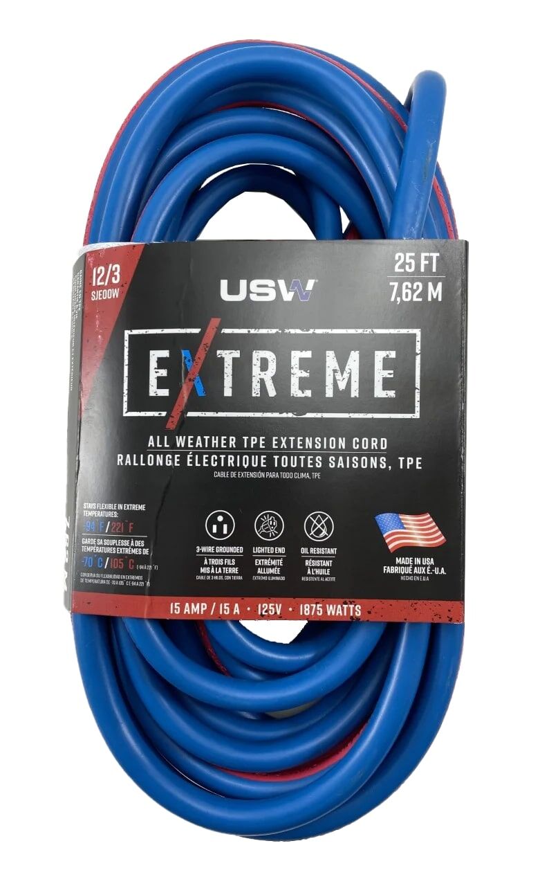 USW NEMA 5-15 Red/White/Blue 14 Gauge 3 Conductor Grounded Illuminated Extension Cord, 300-V, 25-Ft