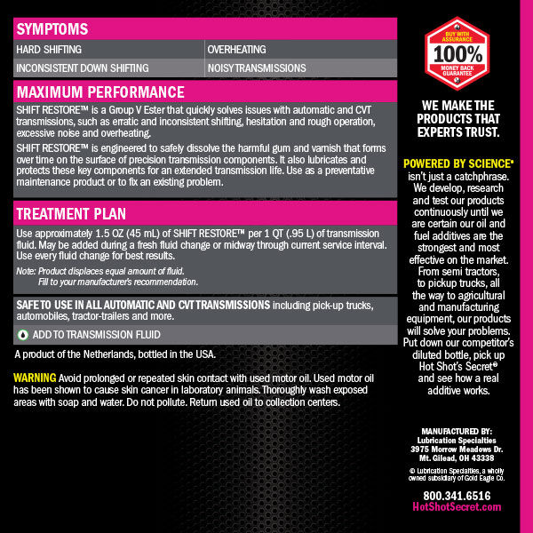 Hot Shot's Secret Shift Restore For CVT And Automatic Transmission Protectant, 16-Oz
