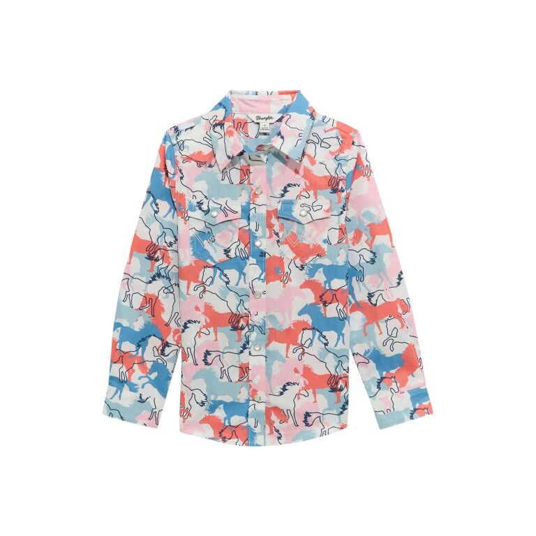 Wrangler Girl's Cowboy Horse Print Western Snap Shirt