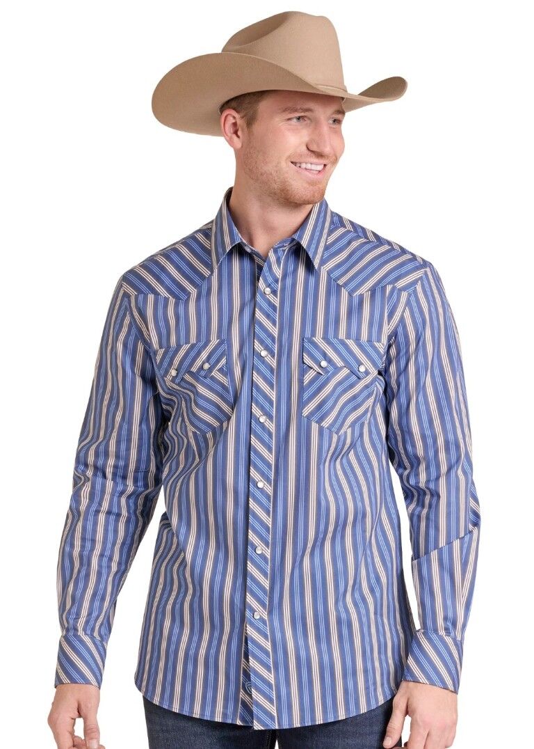 Rock & Roll Denim Men's Blue Stripe Print Long Sleeve Snap Shirt