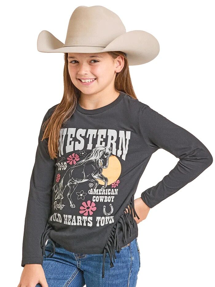 Rock & Roll Denim Girl's Long Sleeve Graphic T-shirt With Fringe