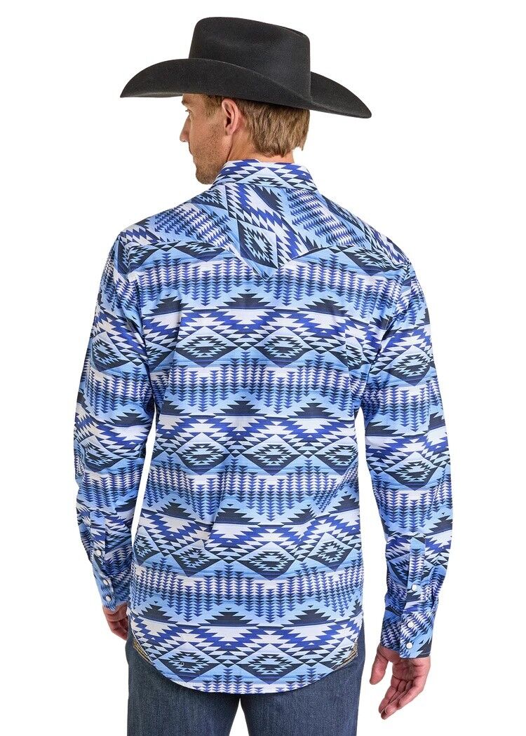 Rock & Roll Denim Men's Slim Fit Diamond Aztec Long Sleeve Snap Shirt