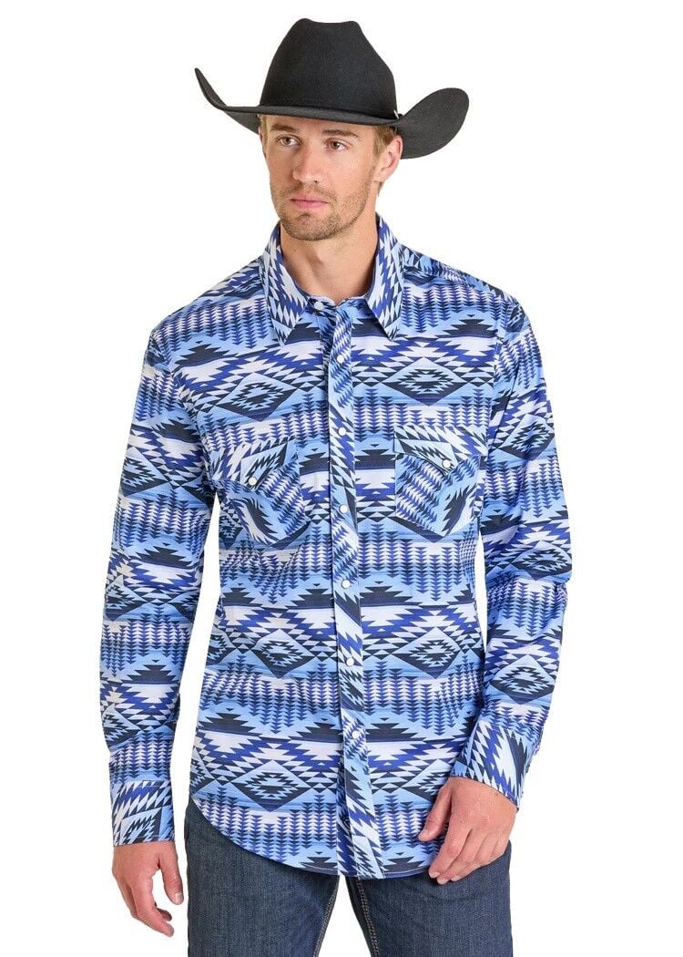 Rock & Roll Denim Men's Slim Fit Diamond Aztec Long Sleeve Snap Shirt