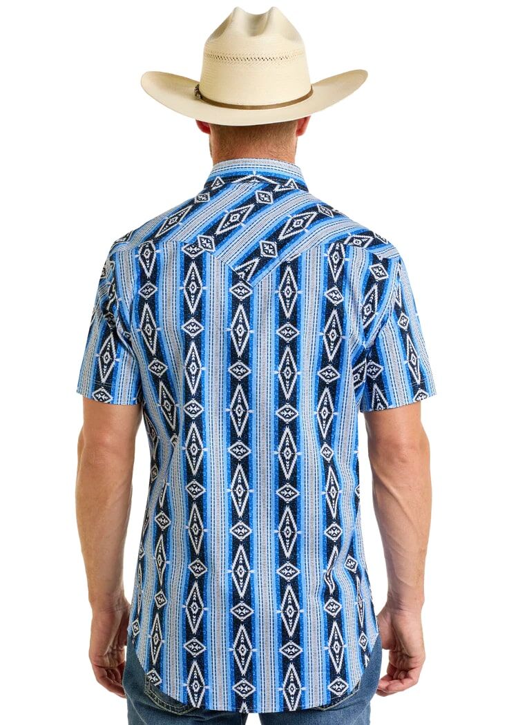 Rock & Roll Denim Men's Slim Fit Vertical Aztec Short Sleeve Snap Shirt