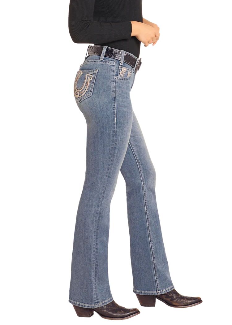 Rock & Roll Denim Women's Mid Rise Horseshoe Embroidered Bootcut Jeans