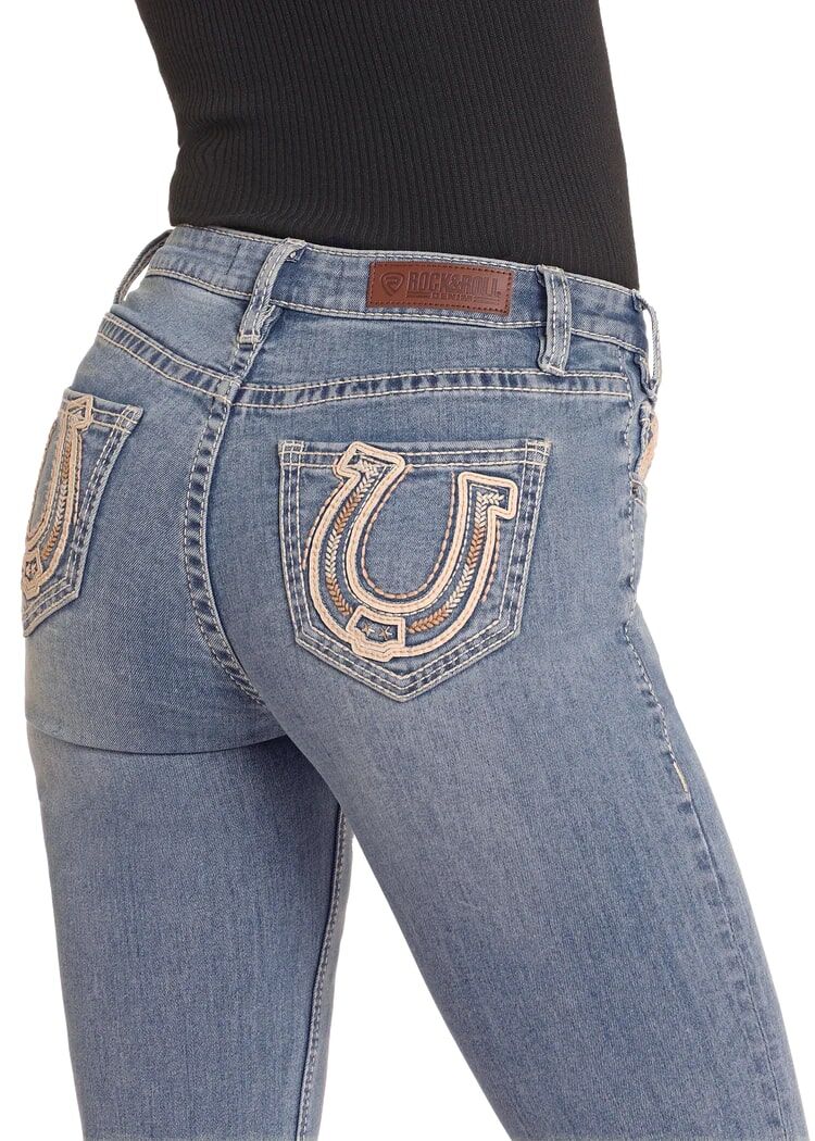 Rock & Roll Denim Women's Mid Rise Horseshoe Embroidered Bootcut Jeans