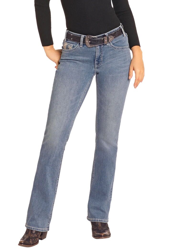 Rock & Roll Denim Women's Mid Rise Horseshoe Embroidered Bootcut Jeans