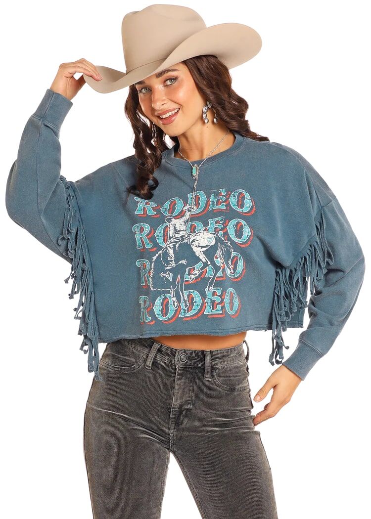 Rock & Roll Denim Women's Rodeo Boxy Fringe Pullover