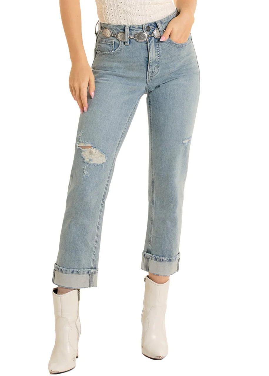 Rock & Roll Denim Women's High Rise Distressed Cropped Cuff Straight Jeans