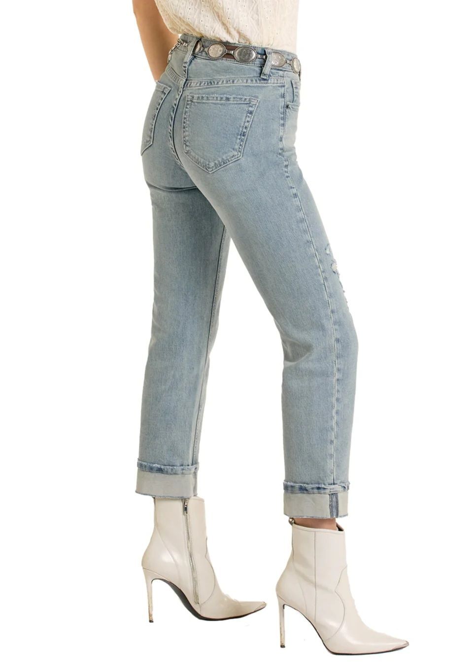 Rock & Roll Denim Women's High Rise Distressed Cropped Cuff Straight Jeans