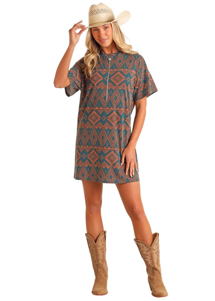 Rock & Roll Denim Women's Aztec Print T-Shirt Dress