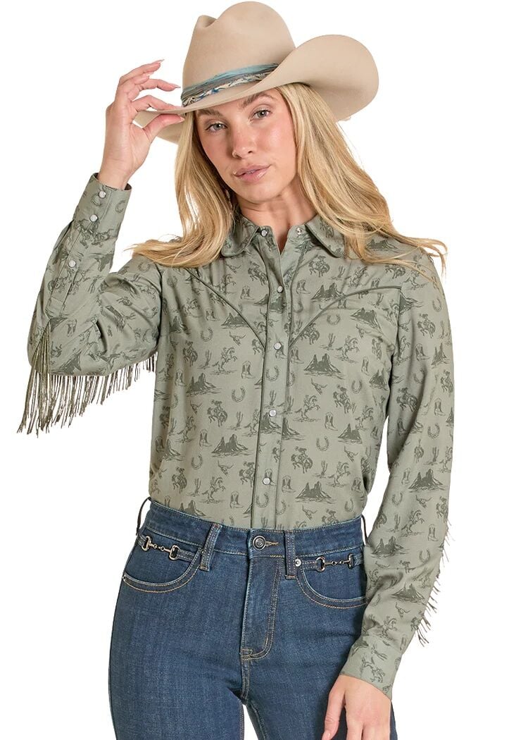 Rock & Roll Denim Women's Desert Print Fringe Long Sleeve Snap Shirt