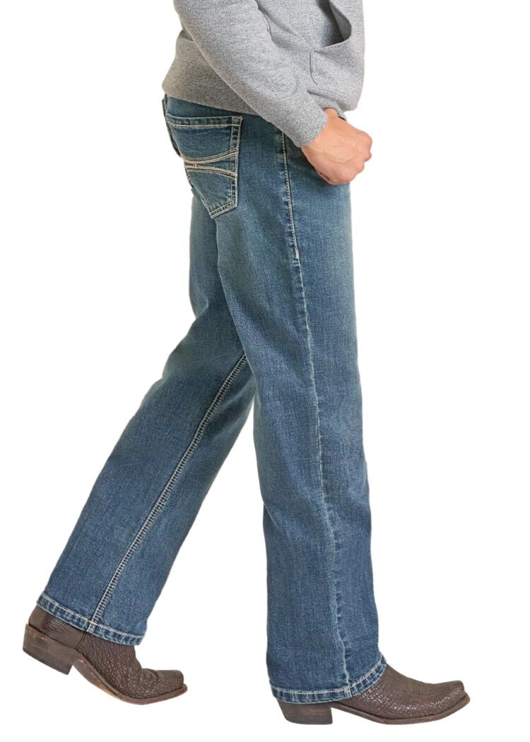 Rock & Roll Denim Men's Hooey Relaxed Fit Raised Embroidery Pocket Stackable Bootcut Jeans