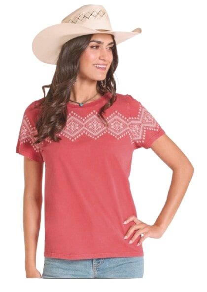 Panhandle Slim Women's Border Print Jersey T-Shirt With Distress Wash