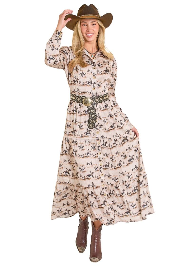 Panhandle Slim Women's Cowboy Rider Stain Long Sleeve Button Down Maxi Skirt