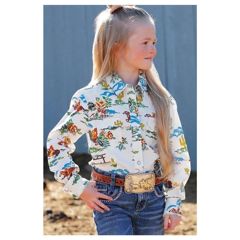 Cruel Denim Girl's Desert Western Print Long Sleeve Snap Shirt