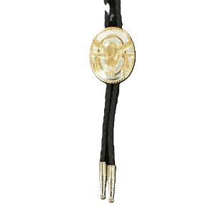 M & F Western Double S Bolo Tie Gold Skull with Feathers