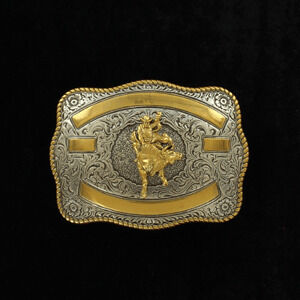 M & F Western Men's Bull Rider Belt Buckle With Engravable Ribbons in Silver/Gold