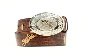 M & F Western Boy's Tooled Rodeo Leather Belt in Brown