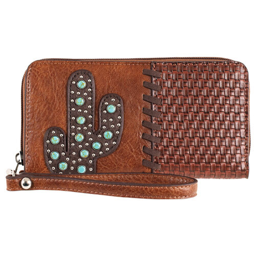 Catchfly Women's Brown Turquoise Studded Cactus Wristlet Wallet