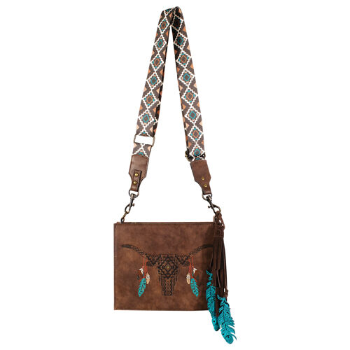 Catchfly Women's Brown Southwestern Steer Skull & Feather Tassel Small Crossbody Bag