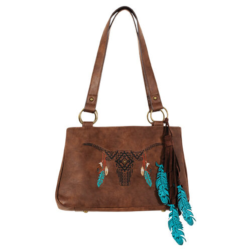 Catchfly Women's Brown Southwestern Steer Skull & Feather Tassel Satchel
