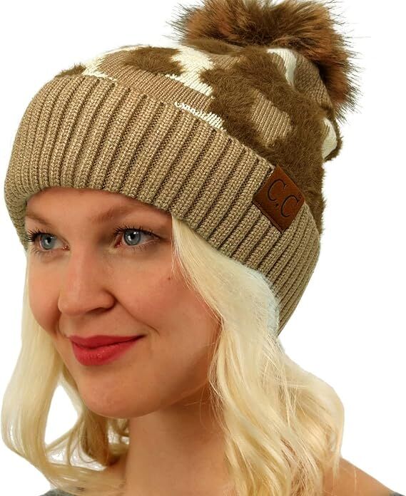 C.C. Baby Women's Fur Pom winter Cable Knit Beanie in Camouflage Taupe