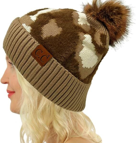 C.C. Baby Women's Fur Pom winter Cable Knit Beanie in Camouflage Taupe