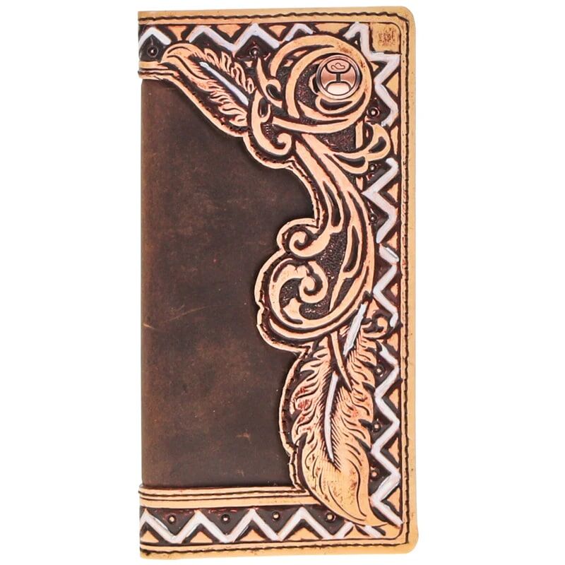 Hooey Men's War Paint Hand Tooled Aztec Feather Filigree Rodeo Wallet in Brown