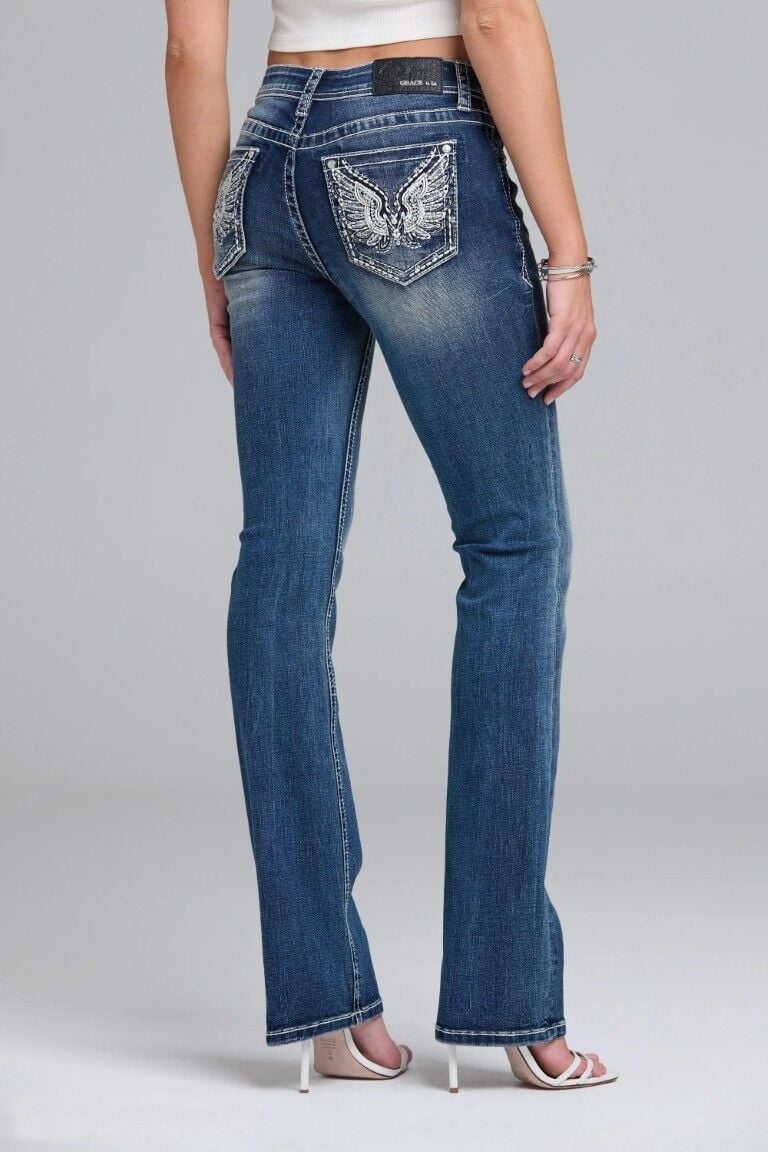 Grace In LA Women's Wing Embroidery Bootcut Jeans